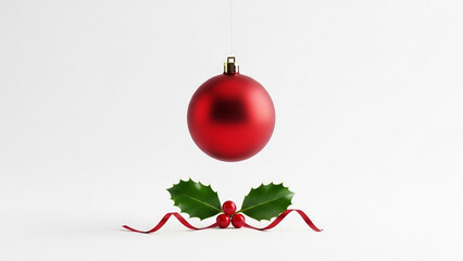 A single red christmas ornament hangs suspended above a festive holly sprig with red berries and a red ribbon on a clean white background