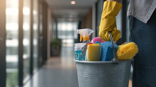 Efficiency in Every Detail: A meticulous professional, clad in protective gloves, carries a bucket filled with essential cleaning supplies. the bucket held various cleaning tools in indoor. - Powered by Adobe