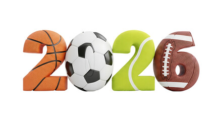 Happy new year 2026. png image. The year 2026 represented by sports balls isolated on transparent background.