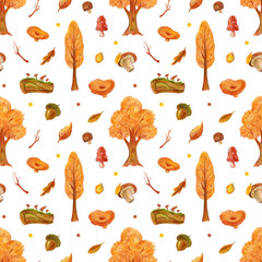 Autumn Trees and mushrooms, orange leaves - color pencil drawings seamless pattern. Transparent background, PNG.