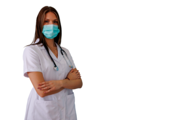 Female doctor or nurse standing with crossed arms, wearing a white coat, stethoscope, and medical face mask against a transparent background