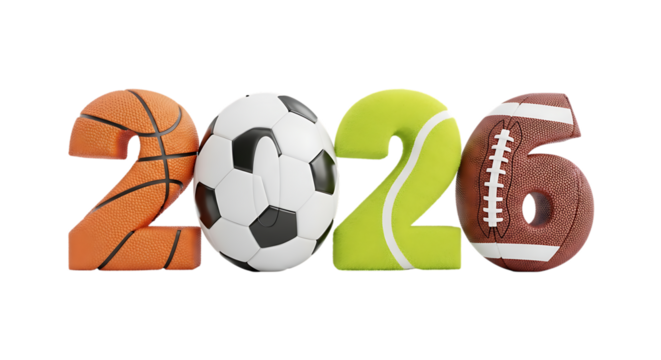 Happy new year 2026. png image. The year 2026 represented by sports balls isolated on transparent background.