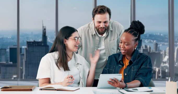 Creative, people and reading with tablet in office for discussion, review article and manuscript. Staff, team and talking with digital for headline feedback, proofreading story and publication update