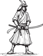 Samurai Hand-drawn Sketch Drawing Vector Illustration, Line Linear Symbol Engraving Coloring Book, Black and White Isolated