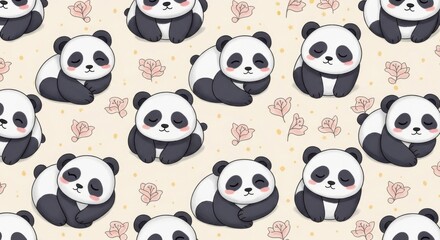 Naklejka premium Adorable Cartoon Panda Cub Pattern with Soft Pastel Floral Accents for Children's Fabric Design
