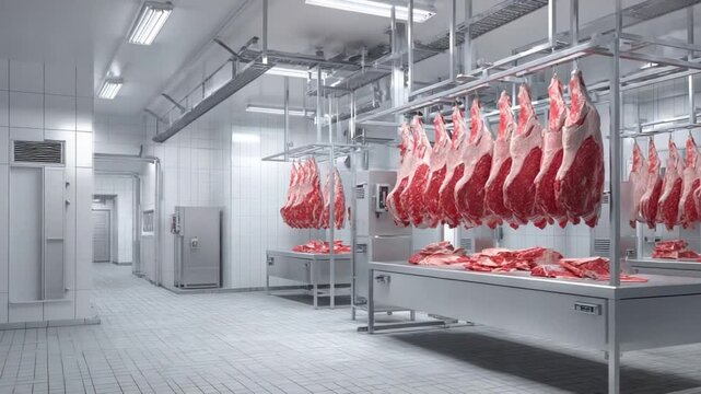 Cold storage Meat processing: An image of a meat processing facility showcases rows of raw meat hanging in a cold storage environment. Capturing the essence of food production and distribution