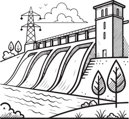 Hydro power dam Hand-drawn Sketch Drawing Vector Illustration, Line Linear Symbol Engraving Coloring Book, Black and White Isolated