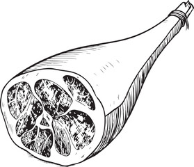 Jamón ibérico Hand-drawn Sketch Drawing Vector Illustration, Line Linear Symbol Engraving Coloring Book, Black and White Isolated