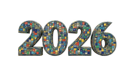 Happy new year 2026. png image. Colorful mosaic pattern forming the year 2026 isolated on transparent background.