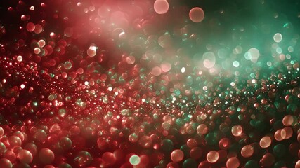 A green and red background with many small dots. The dots are of different sizes. Abstract holiday texture background red green white gold glowing particles serene editorial - Powered by Adobe