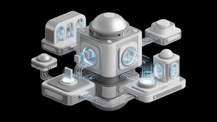 Futuristic data center architecture with interconnected modules for cloud computing and information storage on a black background showcasing advanced technology and digital infrastructure