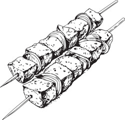 Meat skewers, Barbecue Kebab Hand-drawn Sketch Drawing Vector Illustration, Line Linear Symbol Engraving Coloring Book, Black and White Isolated