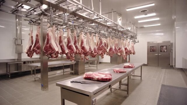 Meat Processing Plant: An industrial meat processing plant showcases freshly cut meat cuts hanging on hooks and prepared for the next step of processing.