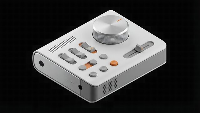 Modern audio mixing console with sliders and knobs on a black background showcasing professional sound equipment and studio technology for music production and broadcasting