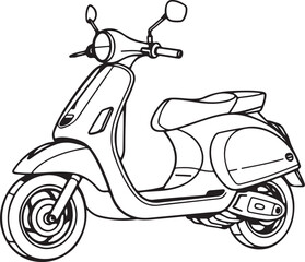 Moped Bike Scooter Vehicle Hand-drawn Sketch Drawing Vector Illustration, Line Linear Symbol Engraving Coloring Book, Black and White Isolated