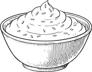Hummus in Bowl, Mashed Potato, Hand-drawn Sketch Drawing Vector Illustration, Line Linear Symbol Engraving Coloring Book, Black and White Isolated
