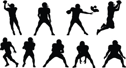 American Football Player Silhouette Vector Collection Set Illustrating Dynamic Action Poses, Including Throwing, Catching, Running, and Linemen Stances for Sports and Game Design