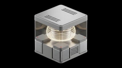 Futuristic cube with glowing energy core on a black background showcasing advanced technology and innovative design for science fiction and modern concepts