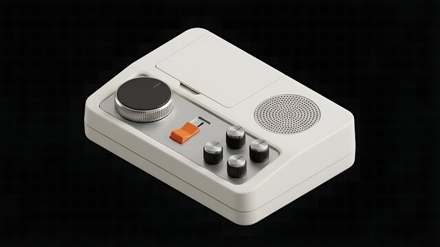Vintage white radio with silver and black knobs and an orange switch a retro audio device for listening to music and broadcasts against a dark background