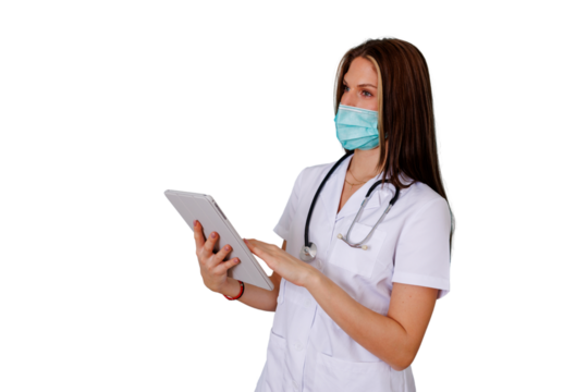 Female doctor or nurse in medical mask and uniform using a digital tablet, working with modern healthcare technology - Powered by Adobe