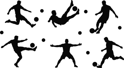 Dynamic Soccer Player Action Vector Silhouette Collection Set Illustrating Various Kicking, Shooting, and Bicycle Kick Poses, Ideal for Football Sports, Competition, and Tournament Design