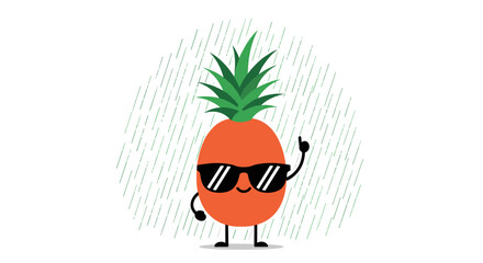 A cheerful and cool cartoon pineapple character wearing sunglasses and happily pointing upwards amidst whimsical green rain streaks.