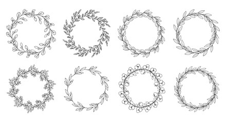 Obraz premium A collection of eight unique hand-drawn botanical wreaths in a delicate line art style, perfect for elegant wedding invitations and branding designs.