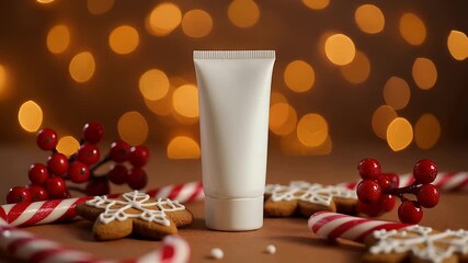 Festive beauty product motion with gingerbread cookies and candy canes, perfect for holiday marketing campaigns and winter promotions - Powered by Adobe