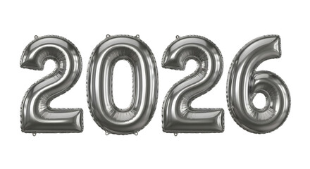 Happy new year 2026. png image. Silver mylar balloons forming the year 2026 isolated on transparent background.