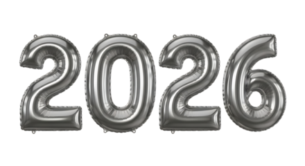 Happy new year 2026. png image. Silver mylar balloons forming the year 2026 isolated on transparent background.
