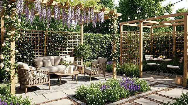 Tranquil Garden Patio with Cascading Wisteria and Comfortable Seating Amidst Lush Greenery