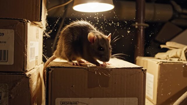 Close up brown rat standing on cardboard box in dusty basement. Scene depicts pest infestation and hygiene issues, ideal for exterminator services or urban wildlife visuals.