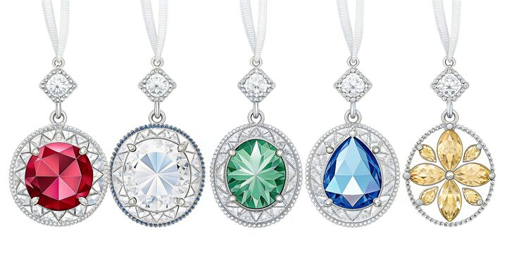 Five Gemstone Pendants with Ribbons on White Background