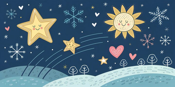 Festive Winter Scene with Cute Stars, Sun, Snowflakes, and Trees