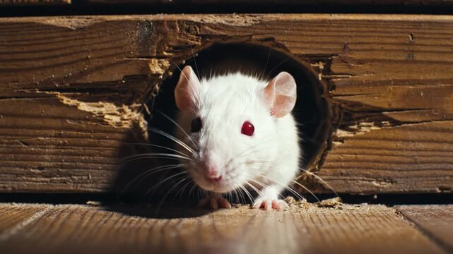 Close up of a white rat with red eyes peeking through a gnawed hole in wooden planks. Concept of pest control, curiosity or pet rodent. Ideal for exterminator ads or wildlife articles.