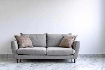 Fototapeta premium A modern grey sofa with textured pillows rests on a marble floor.
