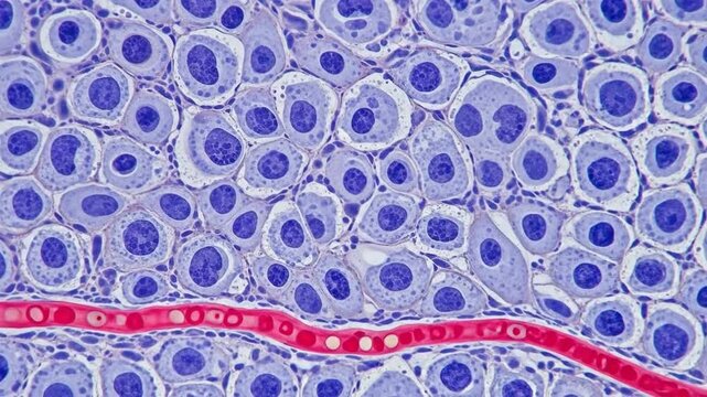 Microscopic View Of Thyroid Follicles With Colloid And Red Blood Cells Under Staining Scientific Medical Background