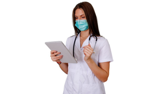 Woman doctor using medical application on digital tablet, wearing scrubs and mask, transparent background