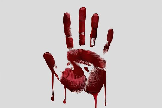 Red bloody hand print with dripping paint on plain white background texture abstract graphic design element illustration concept for violence danger or crime halloween decoration