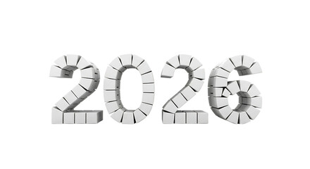 Happy new year 2026. png image. Cracked white 3d numbers forming the year 2026 isolated on transparent background.