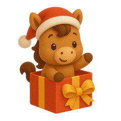 Cute horse wearing Santa hat popping out of Christmas gift box &ndash; 3D cartoon illustration