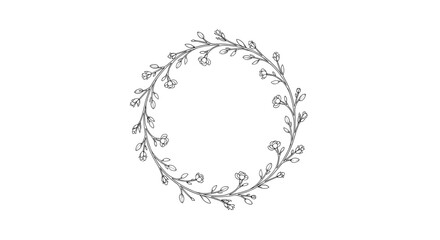 Minimalist botanical wreath illustration with delicate branches, small flowers, and light green leaves on a white background, perfect for elegant designs.