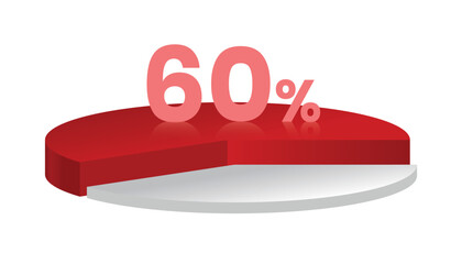 60% red and white 3d pie chart. Vector illustration.