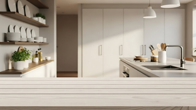 Wooden tabletop surface with a blurred modern kitchen background, an ideal stage for recipes, cooking utensils or a baking whisk