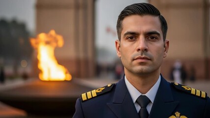 Focused military officer in uniform standing before eternal flame ceremony