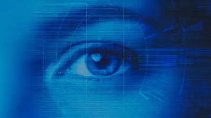Close-up of an eye with a blue digital overlay, representing technology and vision. Ideal for concepts of surveillance, computer vision, analysis, and futuristic themes.