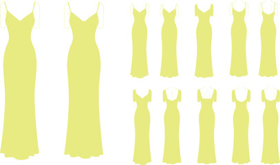 Cad drawing flat vector illustration, fashion sketch yellow dresses grid layout, neckline sleeve variations, fitted silhouette, garment design set
