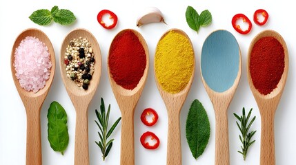 Colorful assortment of spices and herbs displayed in wooden spoons, featuring vibrant textures and natural ingredients, creating an inviting culinary atmosphere for food enthusiasts and chefs