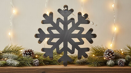 Rustic metal snowflake ornament centered on a wooden shelf with pine garland, pinecones, and blurred fairy lights, winter decor