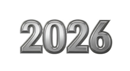 Happy new year 2026. png image. Silver metallic numbers 2026 isolated on transparent background.